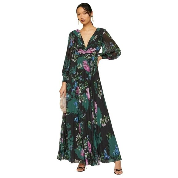 Badgley Mischka Black Floral Print Pleated Maxi Dress Sz 0 Deep-V Chiffon Formal - Picture 1 of 9